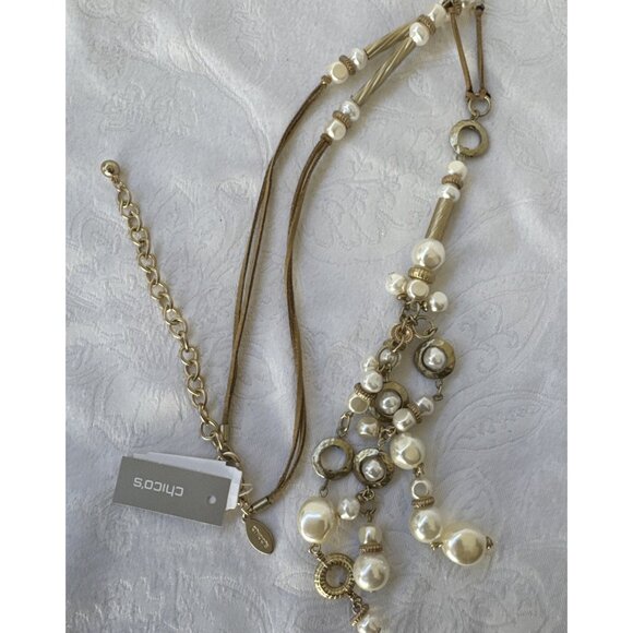 Chicos Pearl Cluster Pendant Gold Tone 17" Long Statement Necklace NEW - Picture 12 of 16